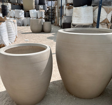 Fiber Pot Aura Beige Lifetime Warranty in UAE. Beige cylindrical concrete pots on a concrete surface with a blurred background